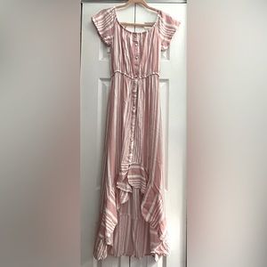 Pink Vertical Striped High-Low Maxi Dress with Cinched Waist.